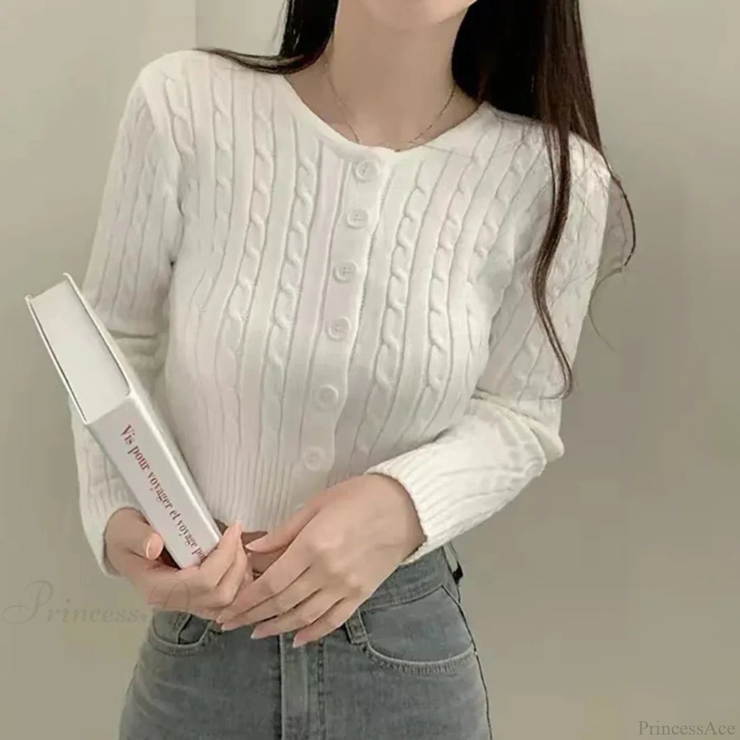 Ribbed Cable Knit Slim Fit Button-Up Cropped Cardigan cardiagn-250126