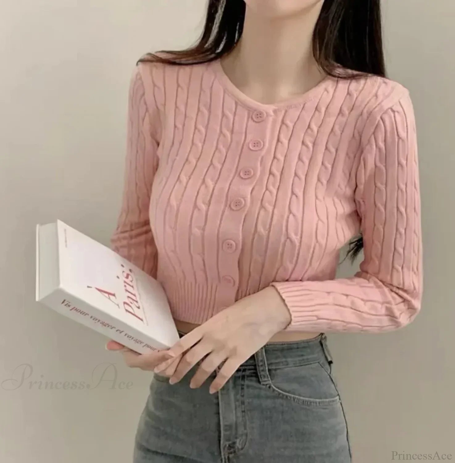 Ribbed Cable Knit Slim Fit Button-Up Cropped Cardigan Pink / One Size cardiagn-250126