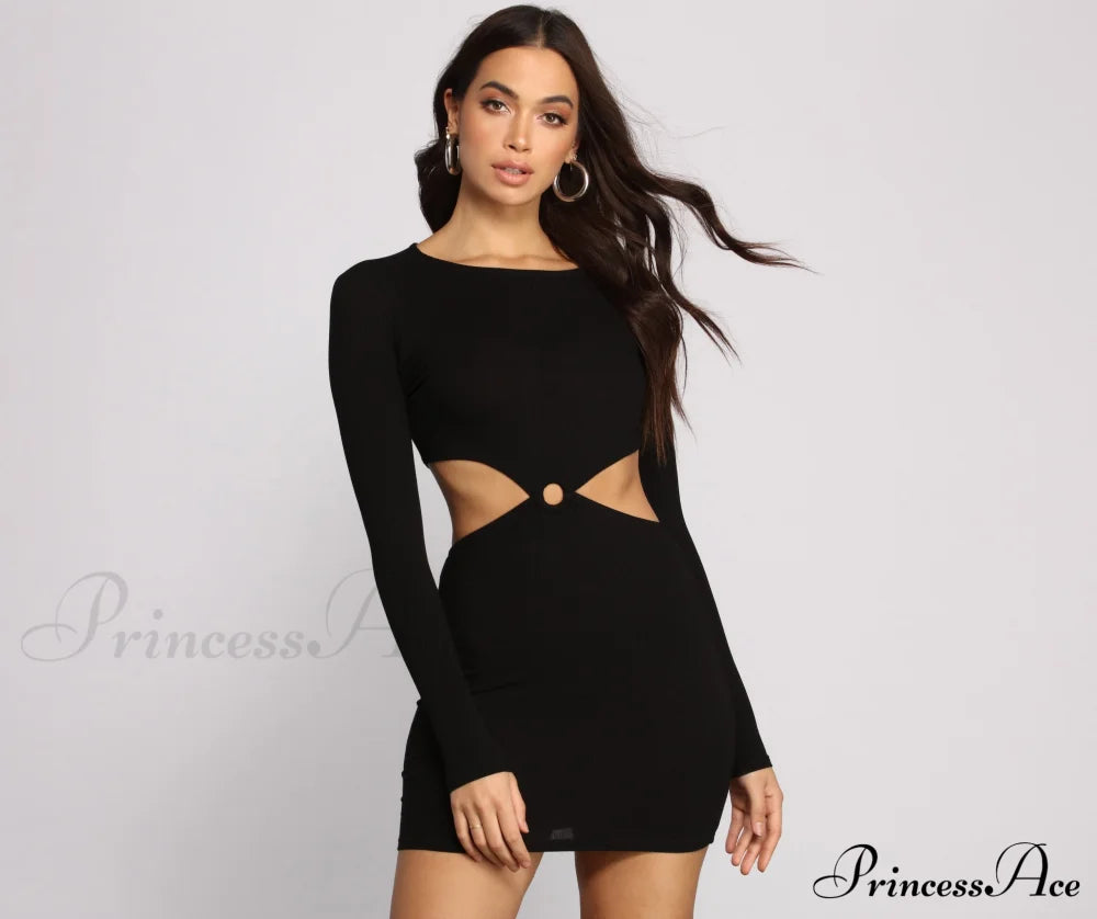 Ribbed Knit O-Ring Mini Dress - Lady Occasions