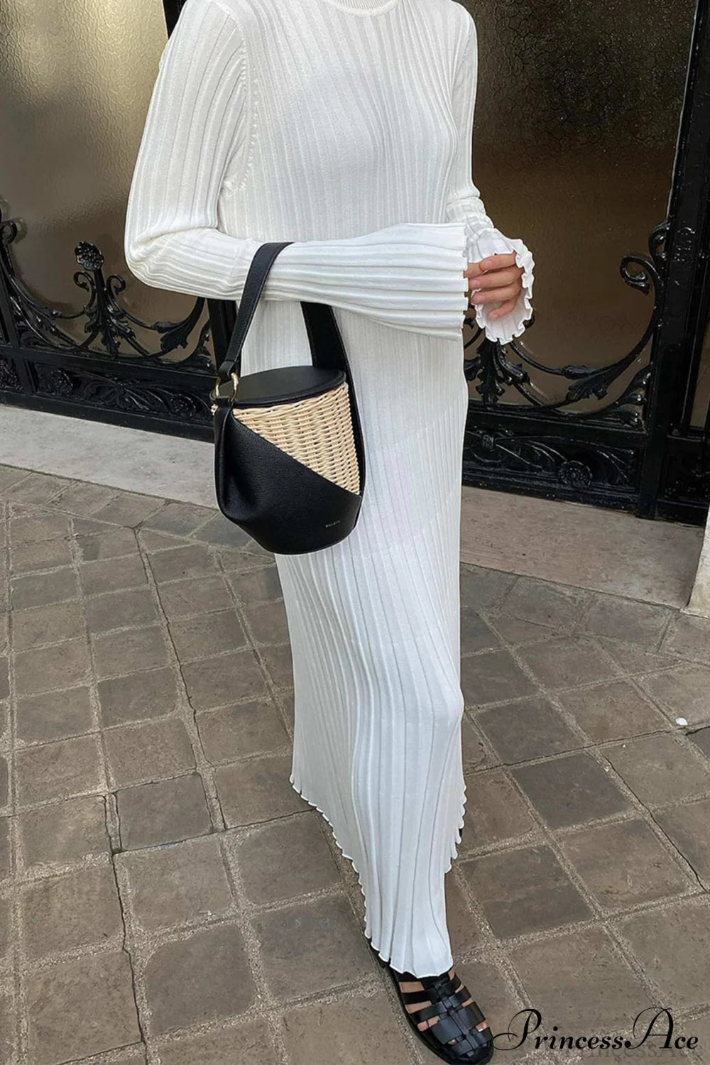 Ribbed Knit Tie-Waist Dress White / L Midi Dresses