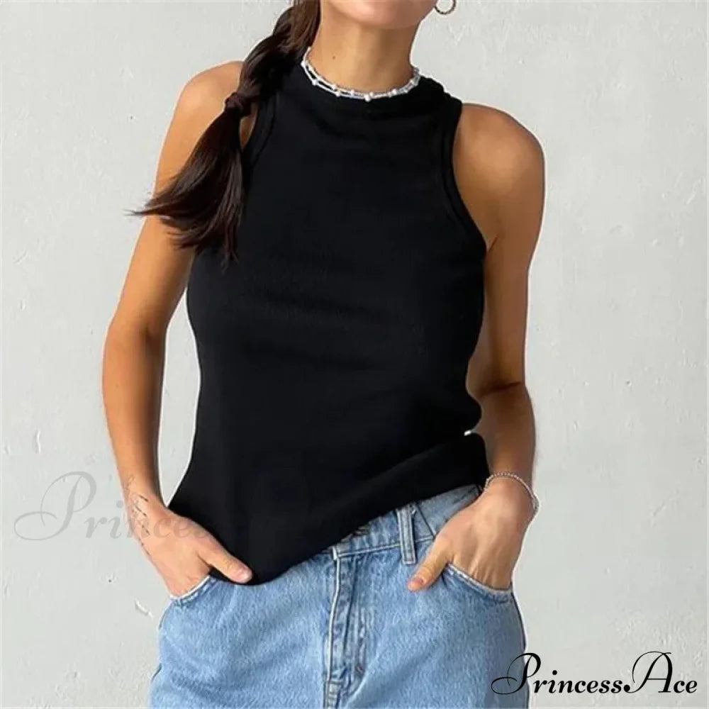 Ribbed Knitteds Neck Summer Shirts White Black Casual Sport Vest Off Shoulder Green Women’s Tank Top