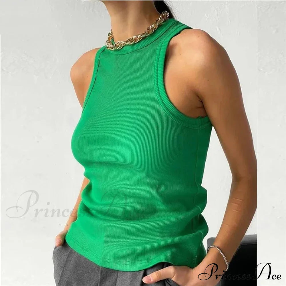 Ribbed Knitteds Neck Summer Shirts White Black Casual Sport Vest Off Shoulder Green Women’s Tank