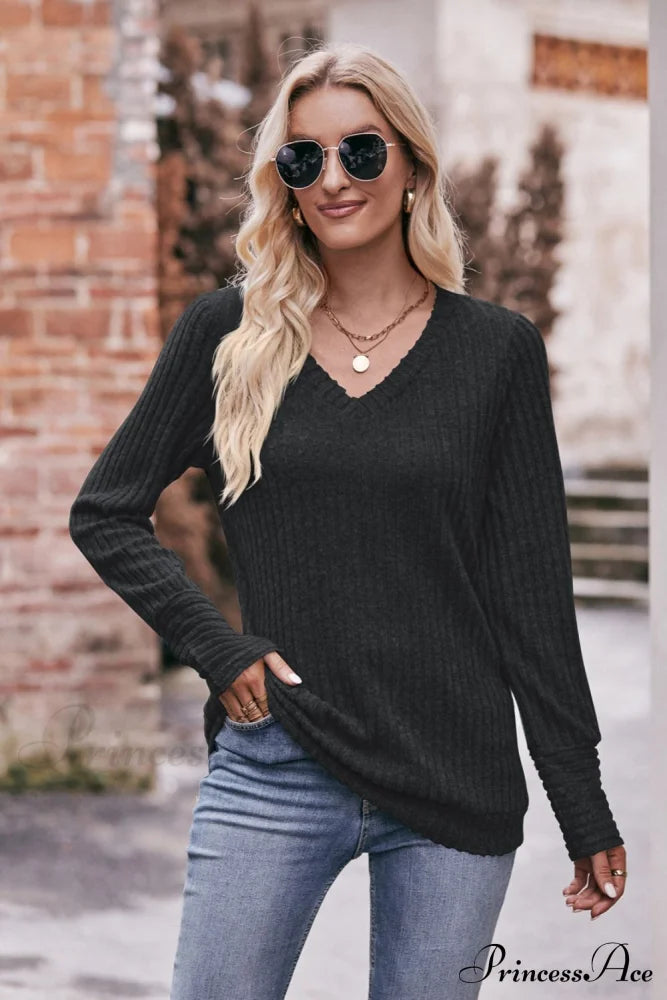 Double Take V-Neck Long Sleeve Ribbed Top Black clothes Double Take long sleeve shirt long sleeve shirts long sleeve top long sleeve tops Ship From Overseas shirt shirts top tops