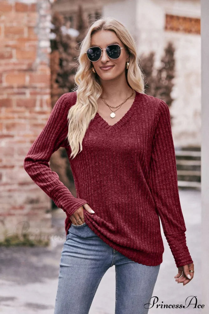 Double Take V-Neck Long Sleeve Ribbed Top Wine clothes Double Take long sleeve shirt long sleeve shirts long sleeve top long sleeve tops Ship From Overseas shirt shirts top tops