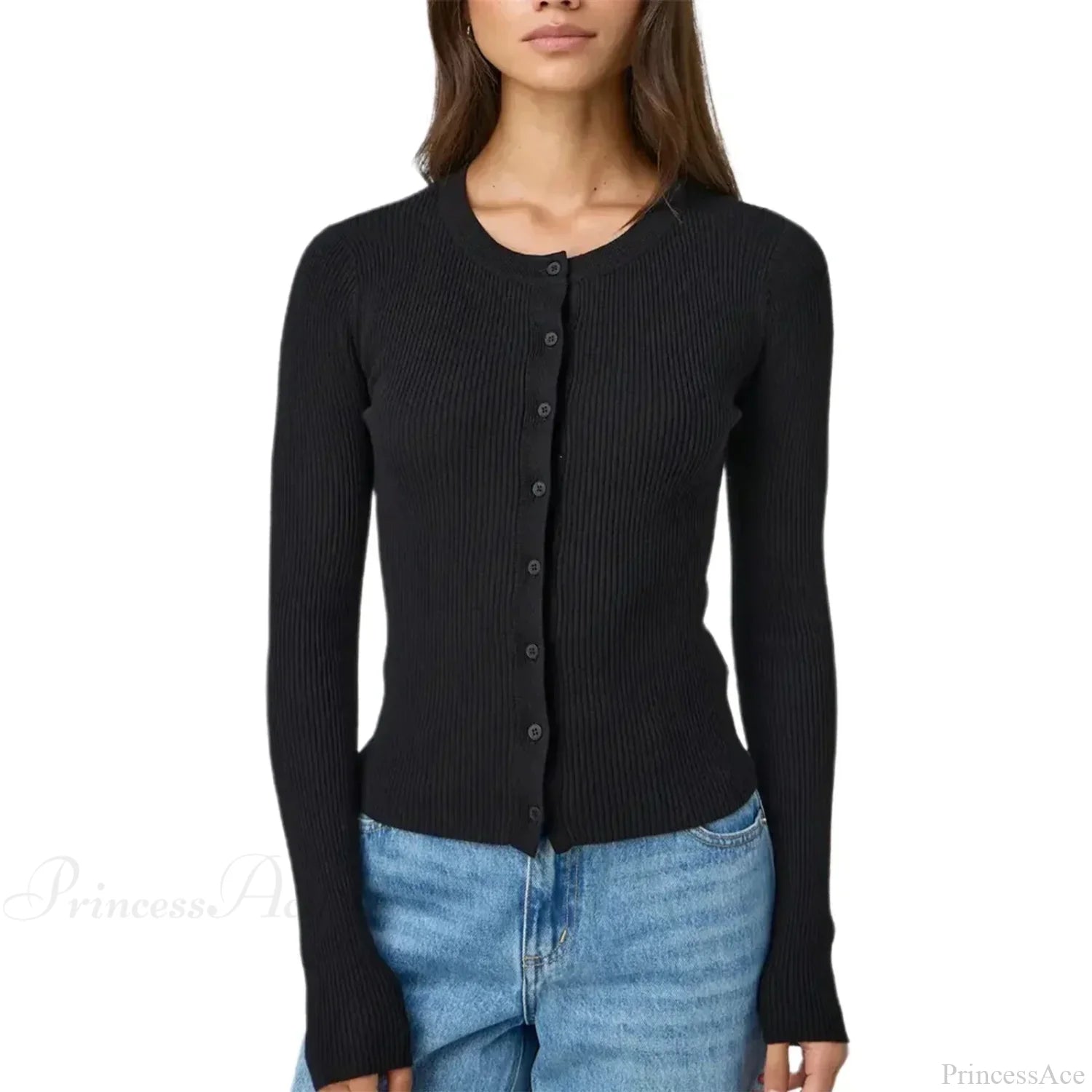 Ribbed Slim Button-Up Long Sleeve Cardigan Black / S