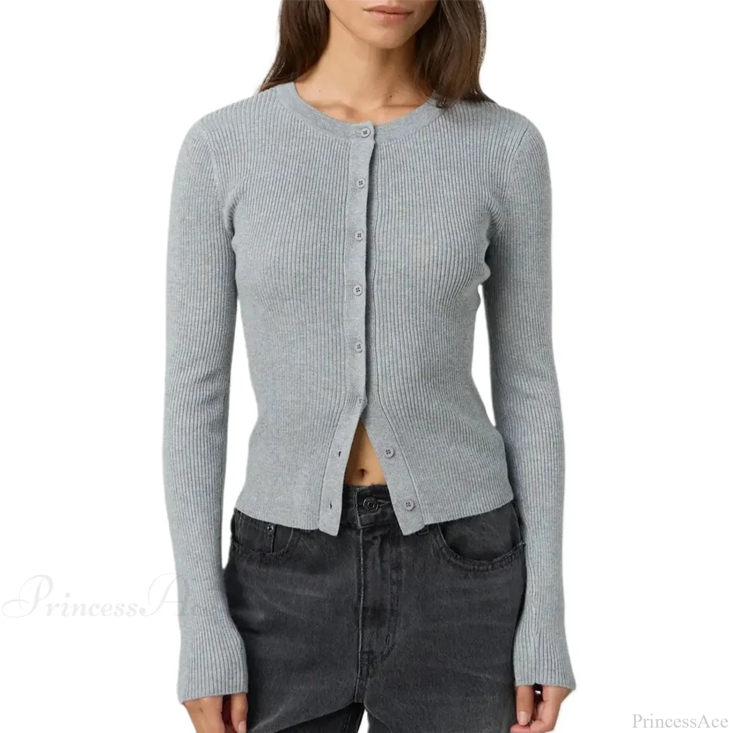 Ribbed Slim Button-Up Long Sleeve Cardigan GRAY / S