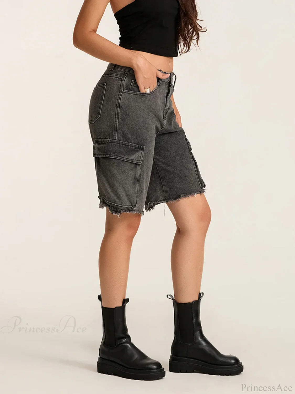 Ripped Button Denim Short short-250223