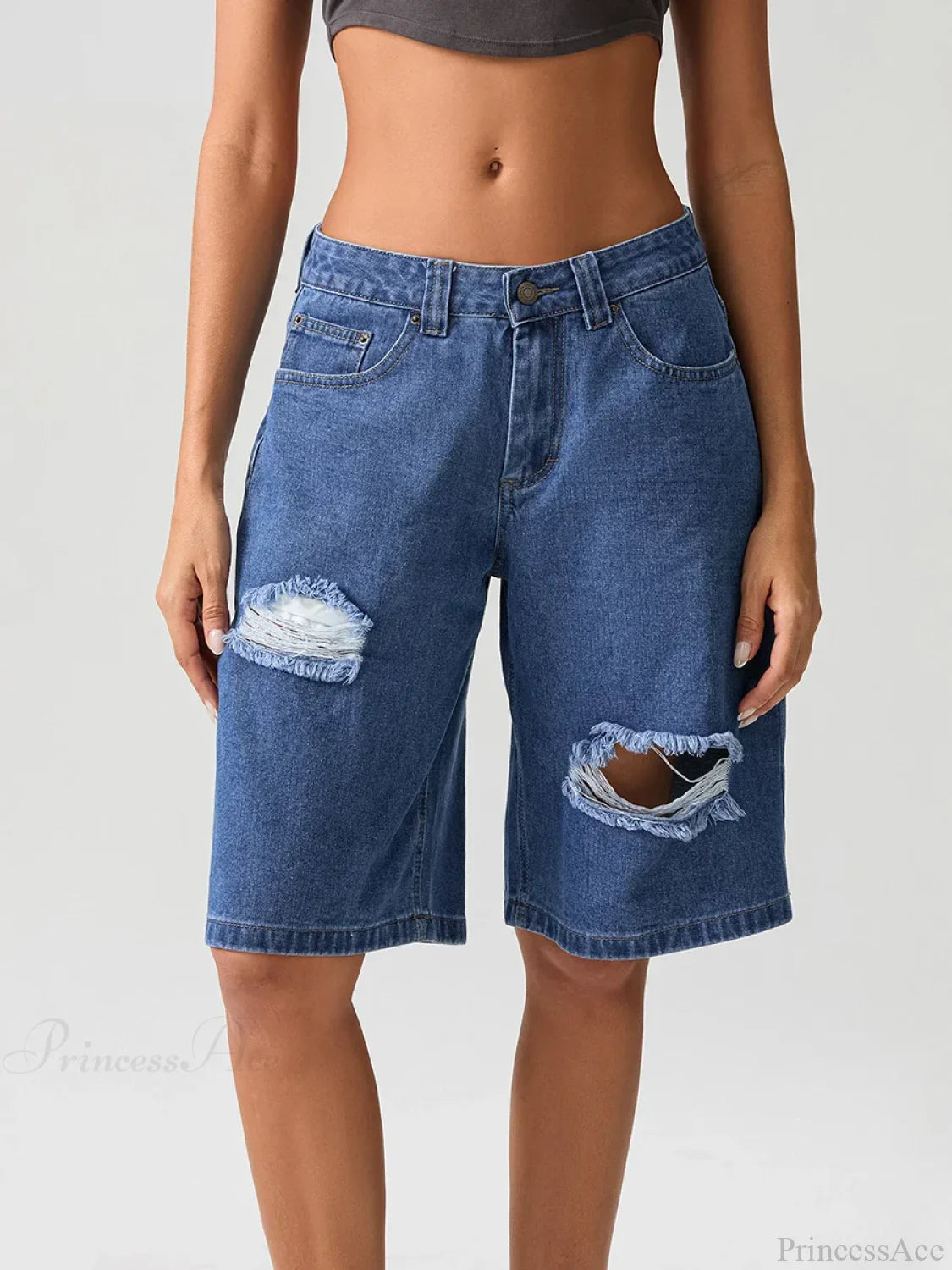 Ripped Button Knee-Length Denim Short short-250223