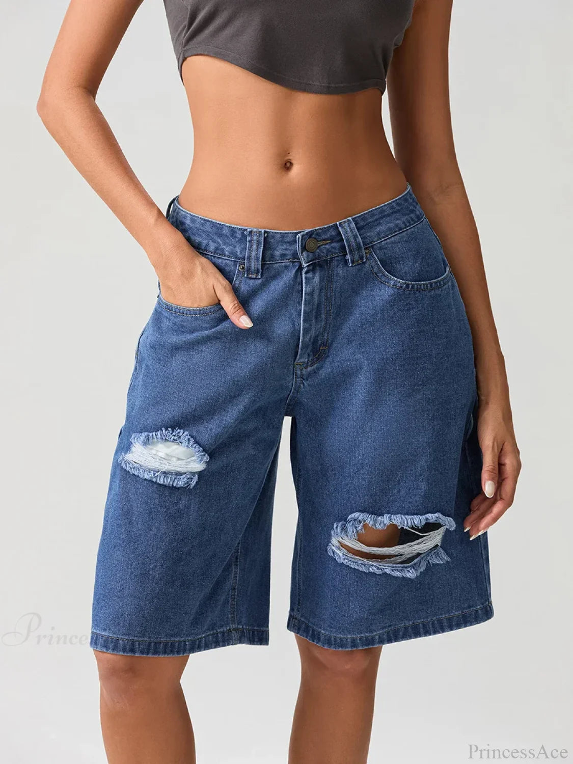 Ripped Button Knee-Length Denim Short short-250223