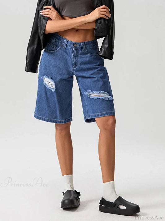 Ripped Button Knee-Length Denim Short DEEP BLUE / S short-250223
