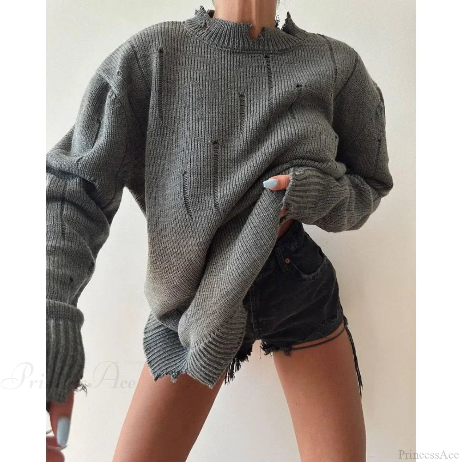 Ripped Y2K Casual Long Sleeve Sweater DARK GRAY / S
