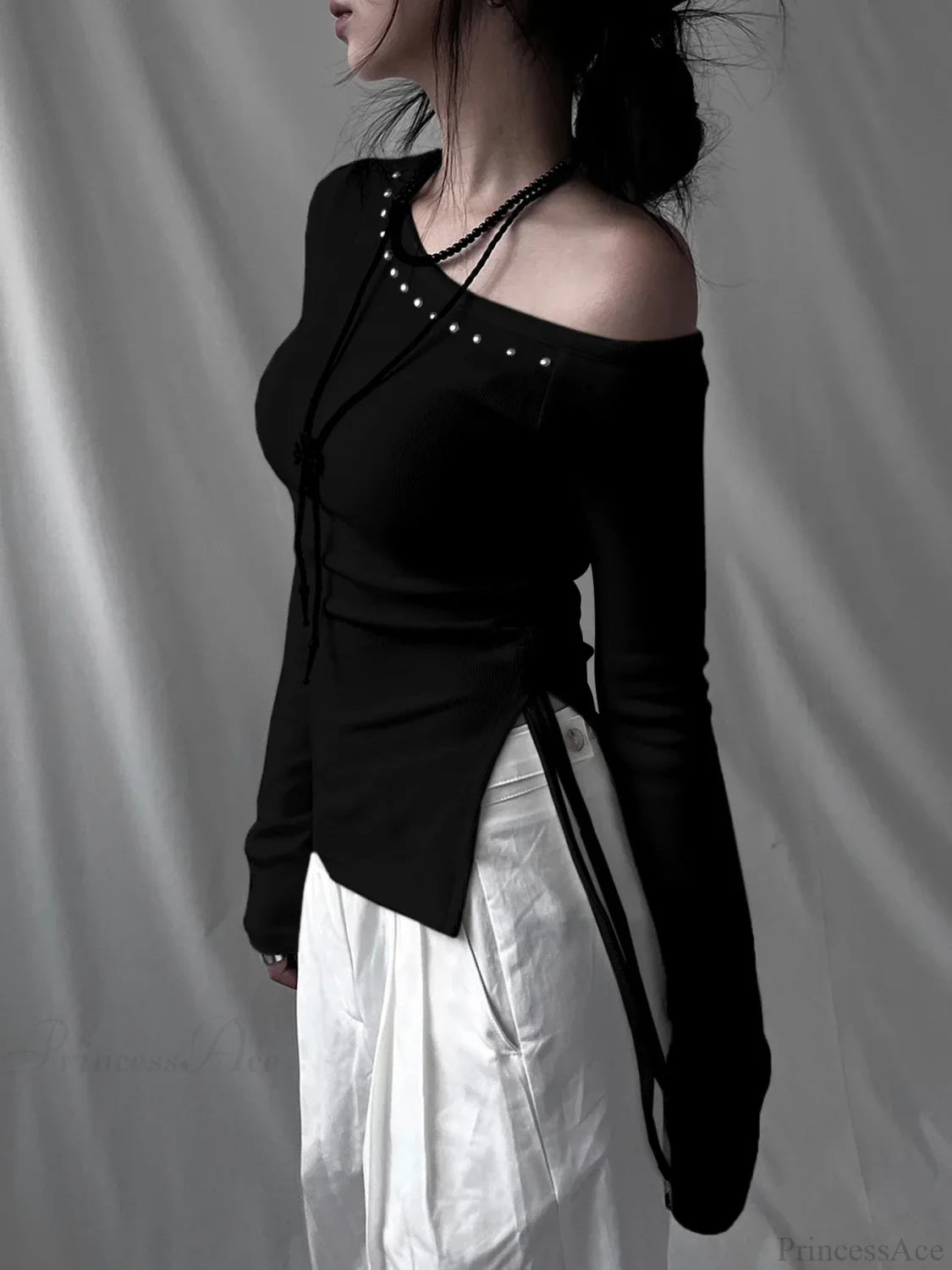 Rivet Skew Collar Knit Top Black / S