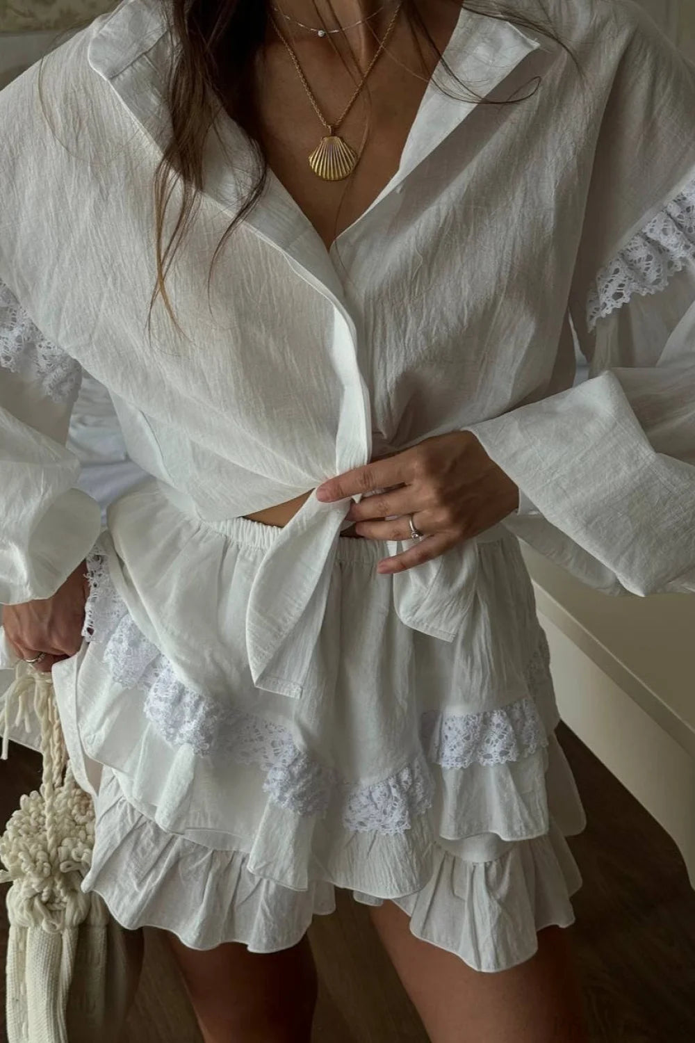 Romantic Lace Trim Plaid Two Piece Set