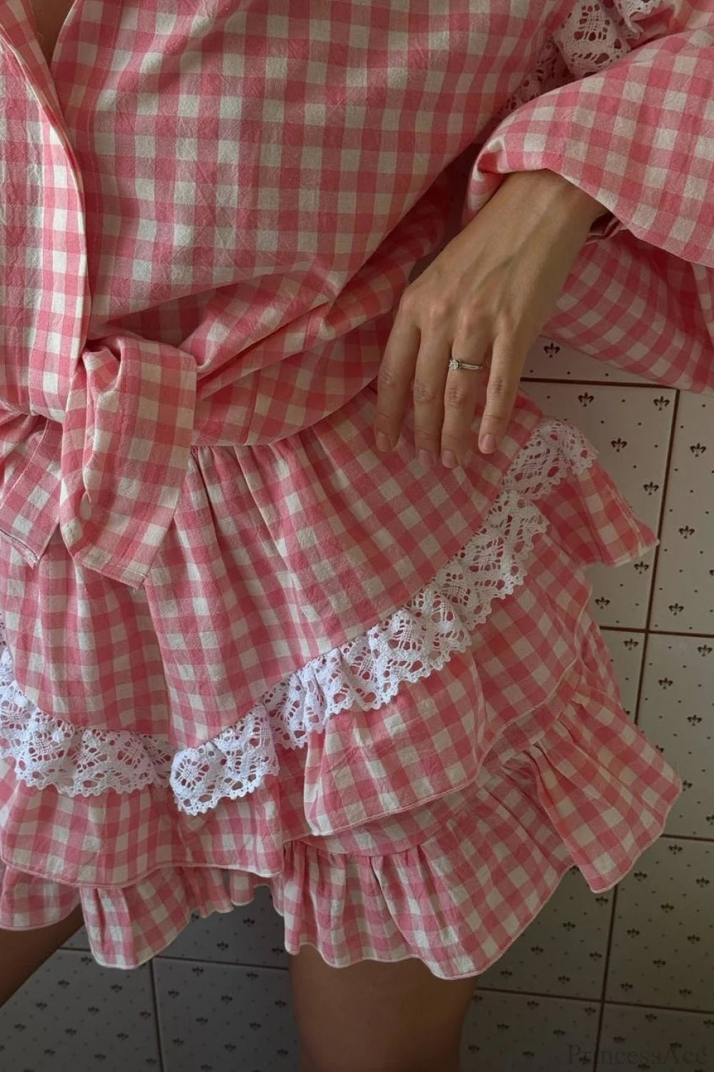 Romantic Lace Trim Plaid Two Piece Set