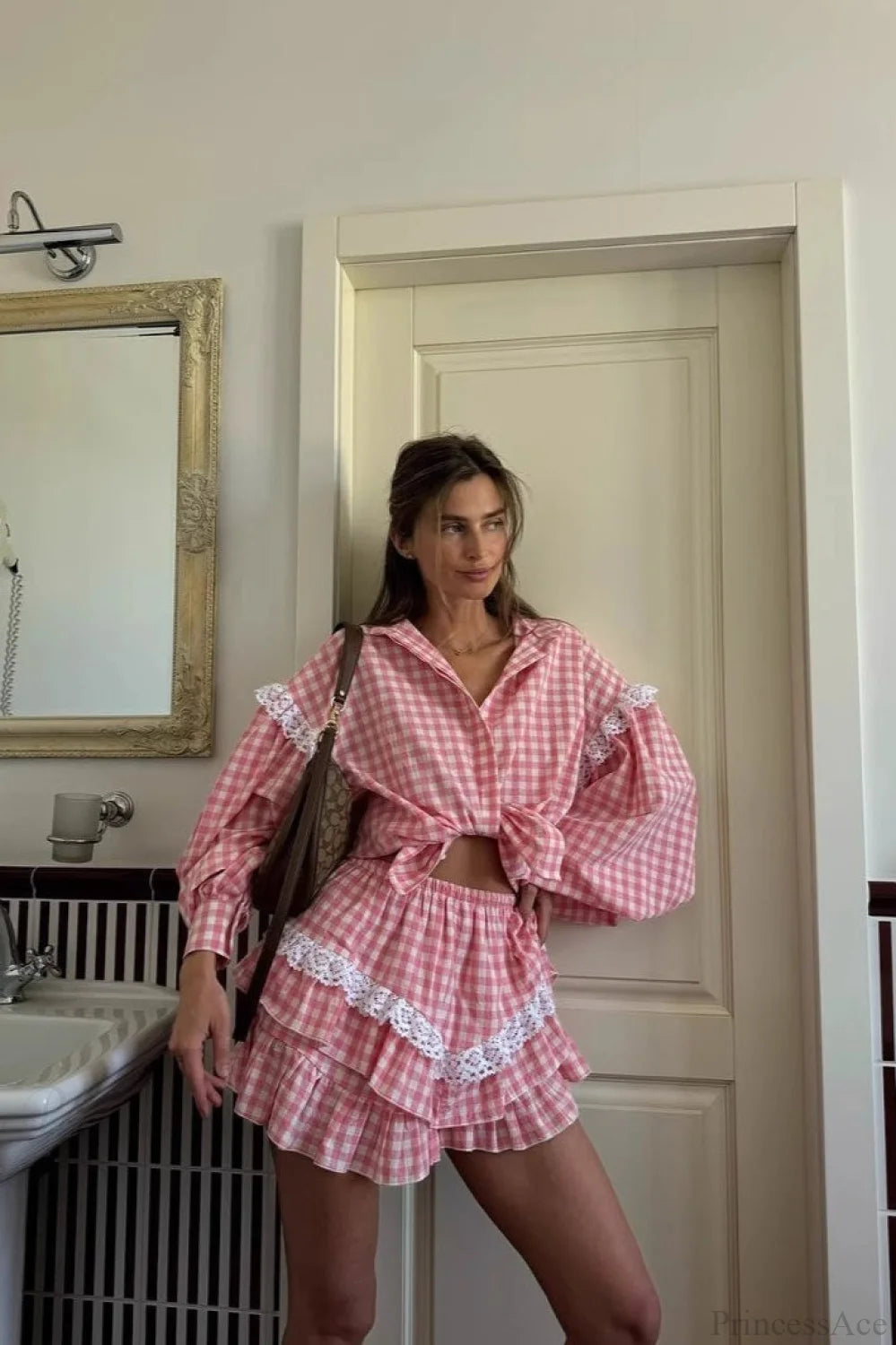 Romantic Lace Trim Plaid Two Piece Set Pink / S