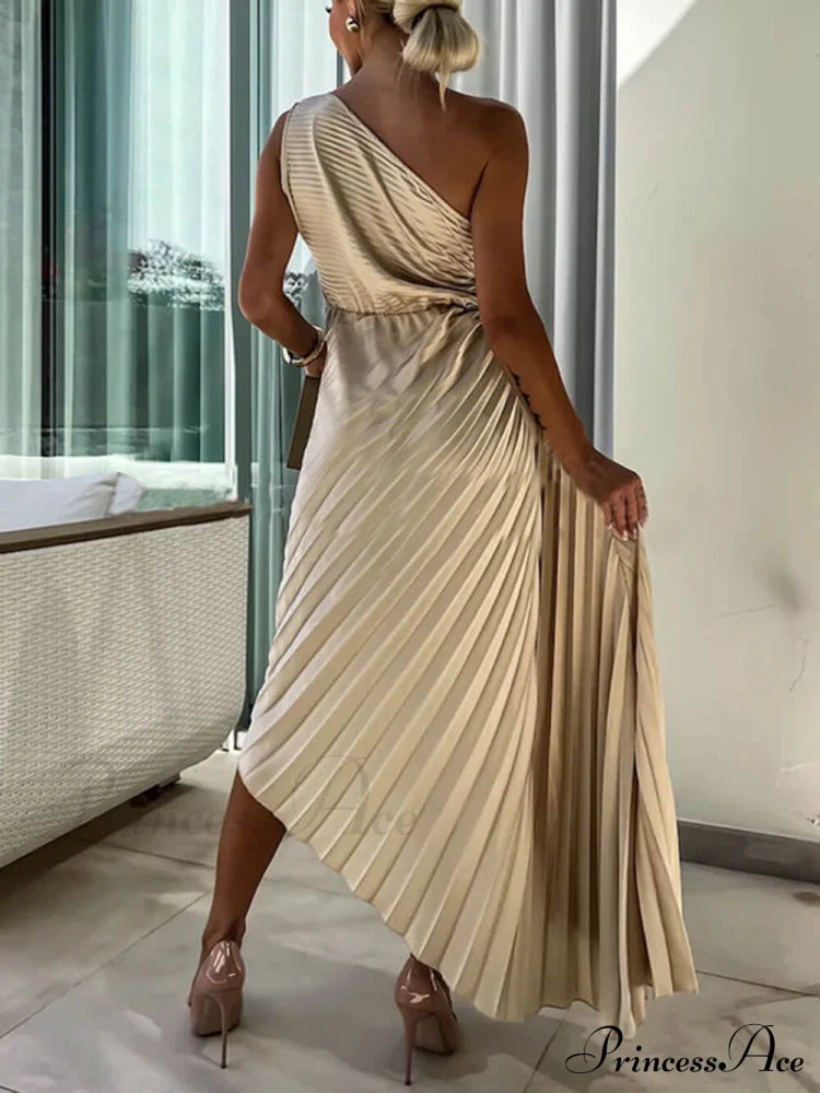 Romantic Night Guilloche Stretch Hollow Trendy One Shoulder Pleated Maxi Dress Dresses