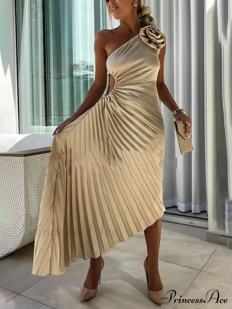 Romantic Night Guilloche Stretch Hollow Trendy One Shoulder Pleated Maxi Dress Dresses
