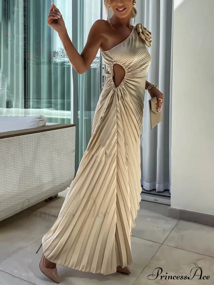 Romantic Night Guilloche Stretch Hollow Trendy One Shoulder Pleated Maxi Dress Dresses