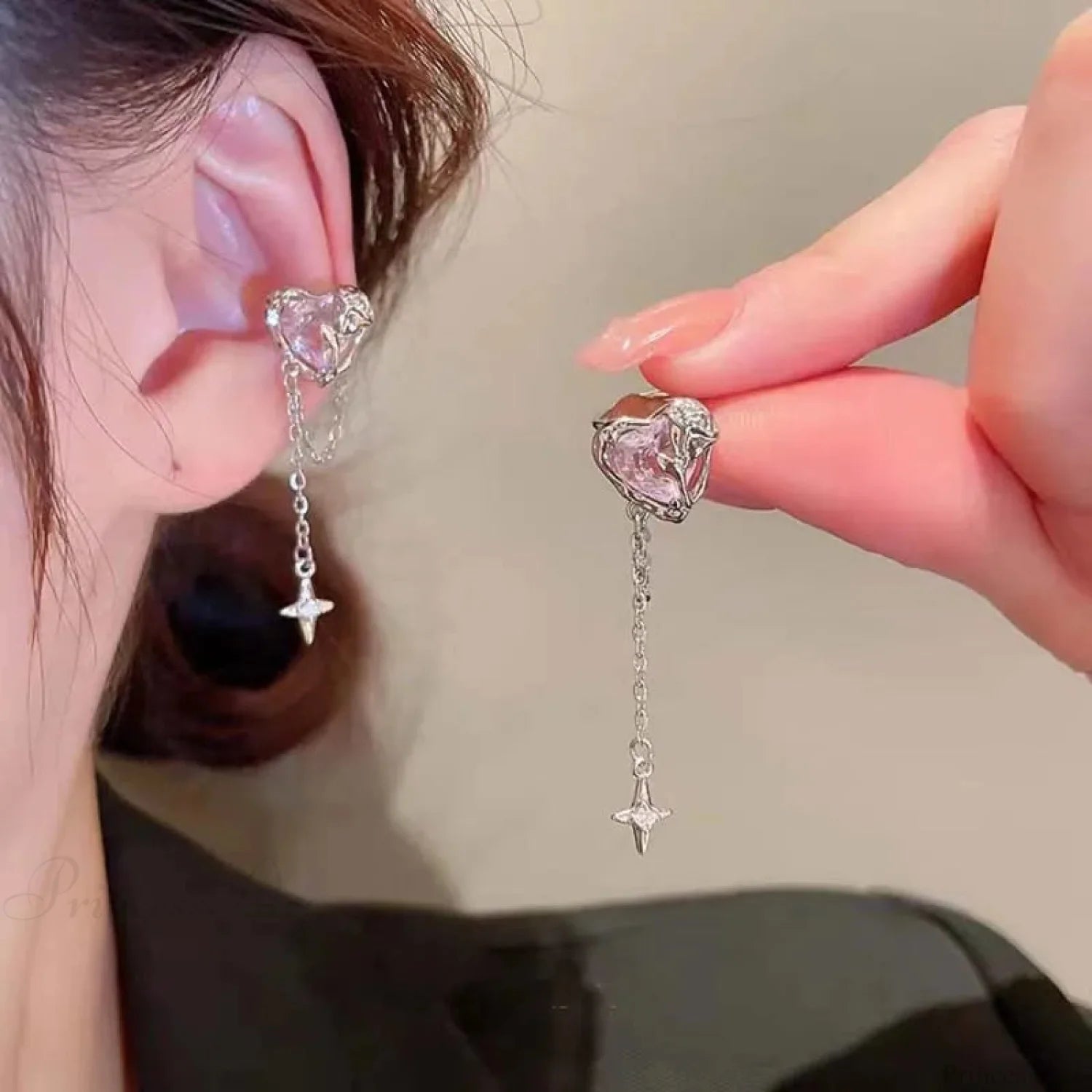 Rose Quartz Heart Celestial Fringe Clip Earring