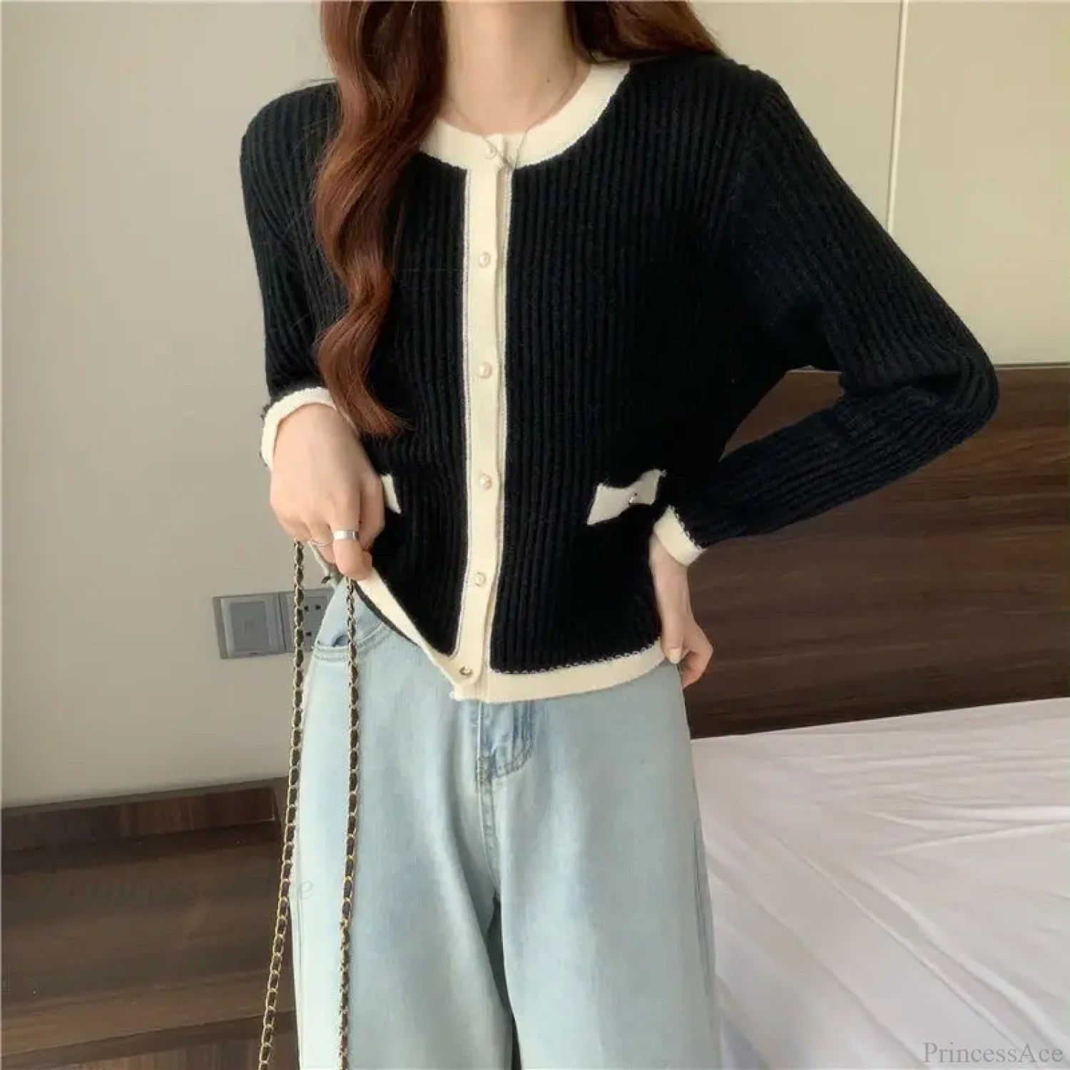 Round Neck Button Fashion Cardigan Black / S