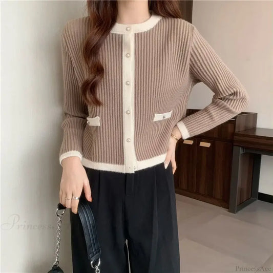 Round Neck Button Fashion Cardigan Khaki / S