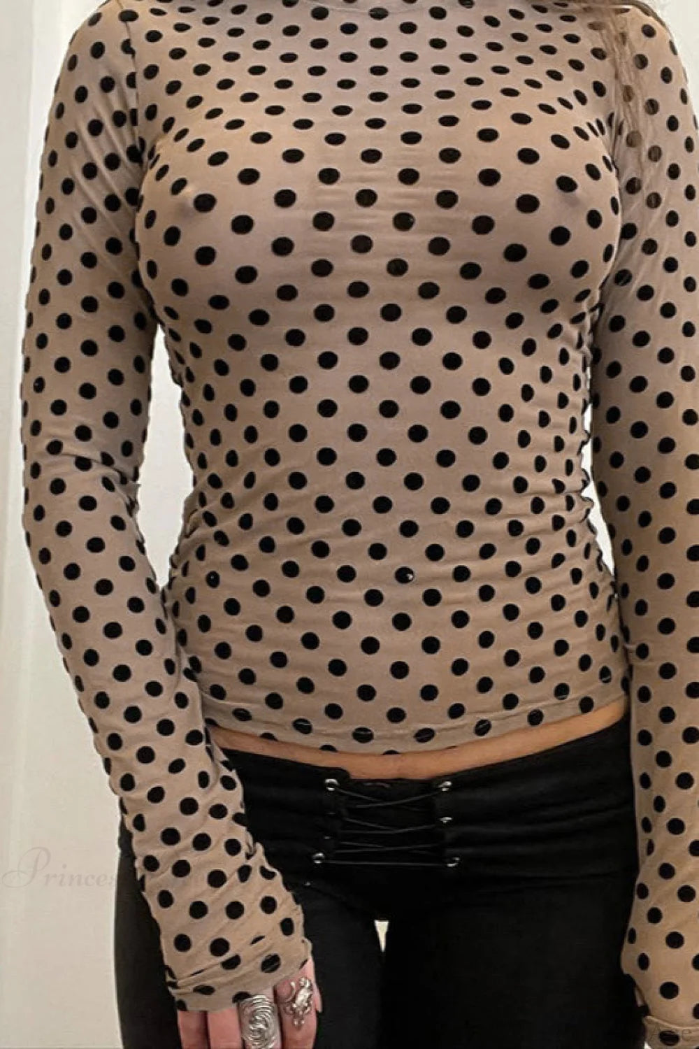 Round Neck Polka Dot Print Fitted Long Sleeve Tee