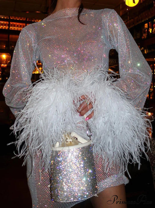 Round Splicing Neck Furry Hollow Mesh Glitter Arm Women’s See-Through Long Dress