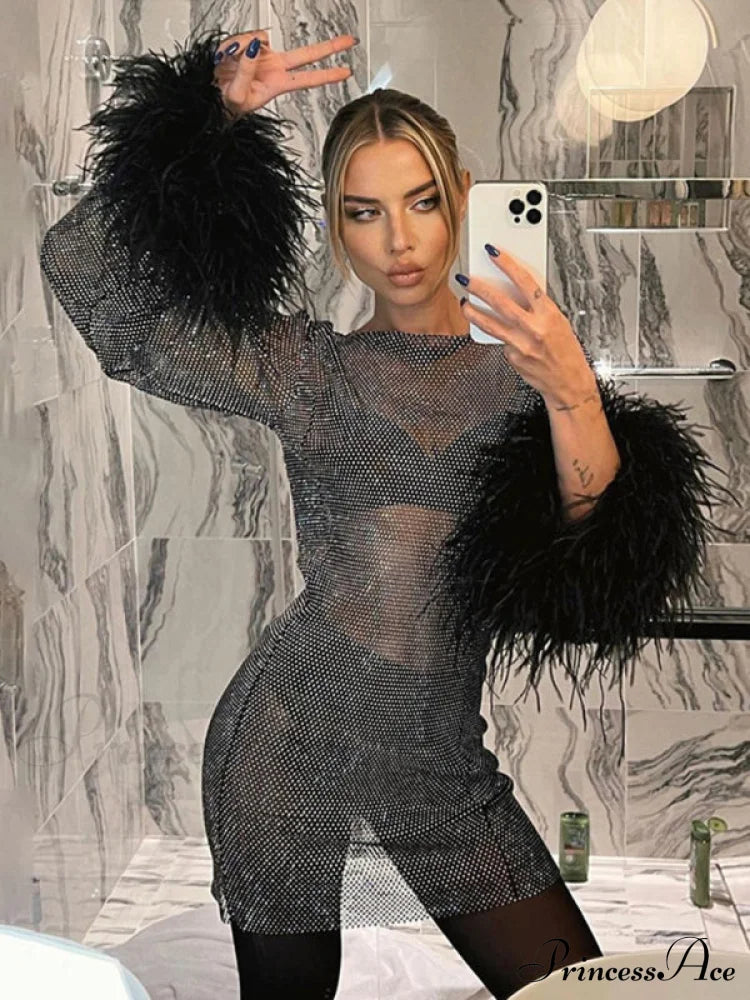 Women's Sexy See-through Hollow Furry Splicing Long Sleeve Round Neck Fine Glitter Mesh Dress, Furry Long Sleeve Black clothes dress dresses evening dress evening dresses long sleeve tops short dresses tops Tops/Blouses