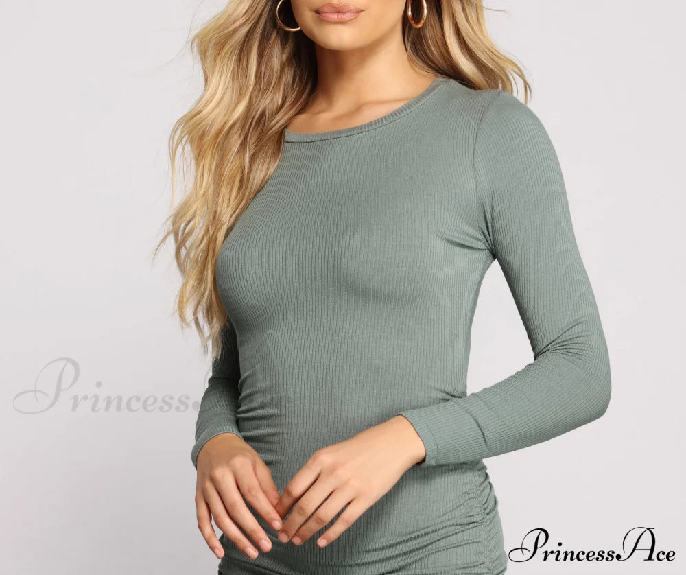 Ruched And Ribbed Knit Graceful Crew Neck Mini Dress Casual Dresses