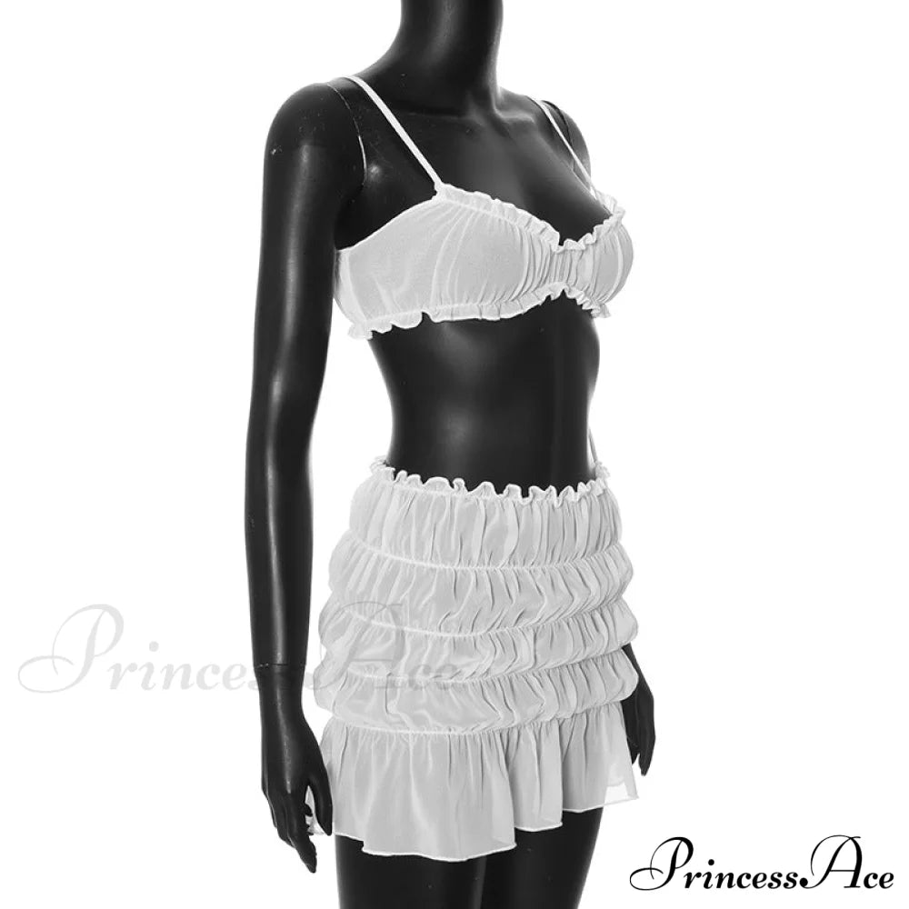 Ruched Bralette And Low Graceful Waist Mini Skirt Set