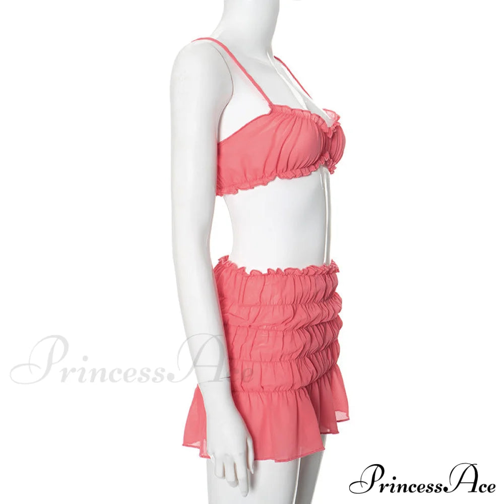 Ruched Bralette And Low Graceful Waist Mini Skirt Set