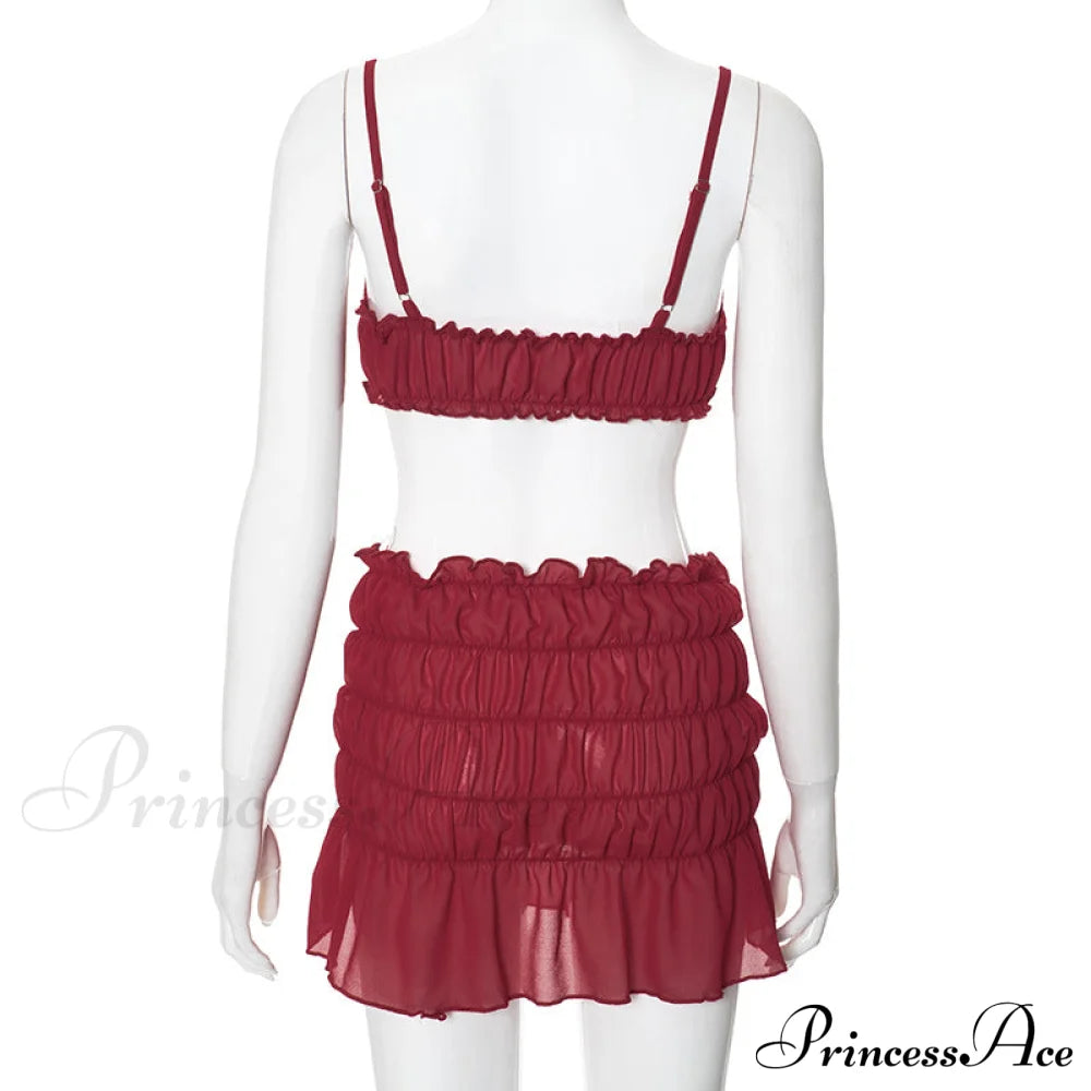 Ruched Bralette And Low Graceful Waist Mini Skirt Set