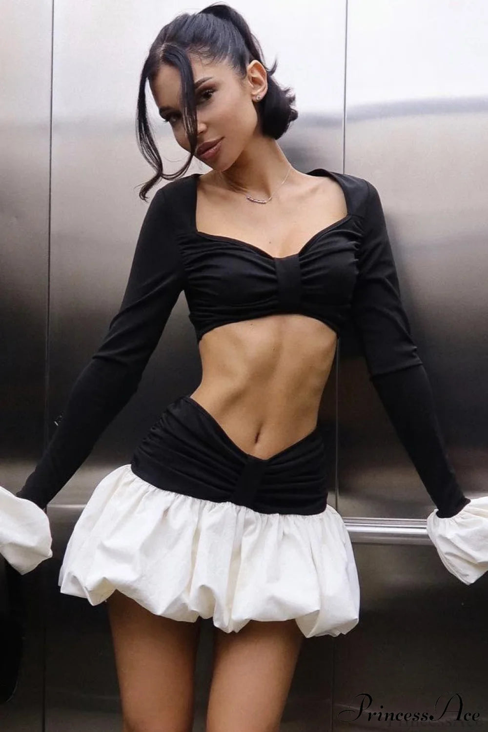 Ruched Color Block Low Neck Mini Dress Black / S