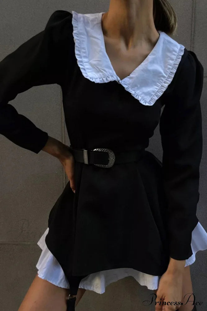 Ruched Fake Two-Pieces Dress With Doll Collar Black / L Mini Dresses