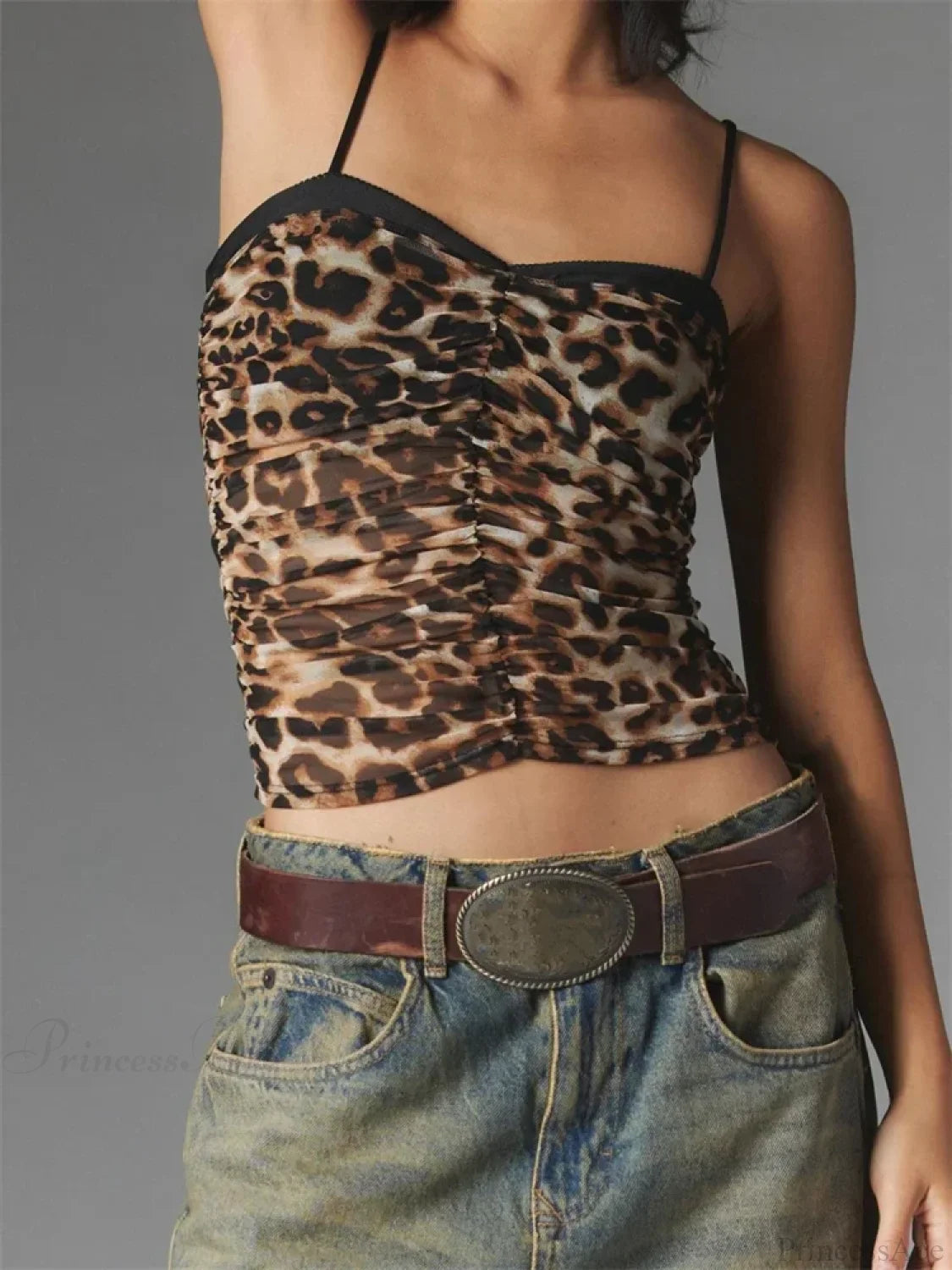 Ruched Floral Leopard Spaghetti Strap Crop Top LEOPARD / S croptop-250126