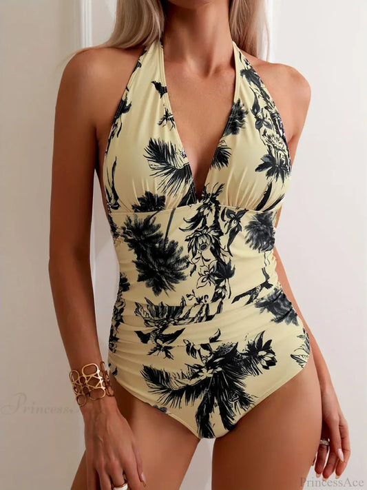 Ruched Halter Bikini One Piece Set green / S