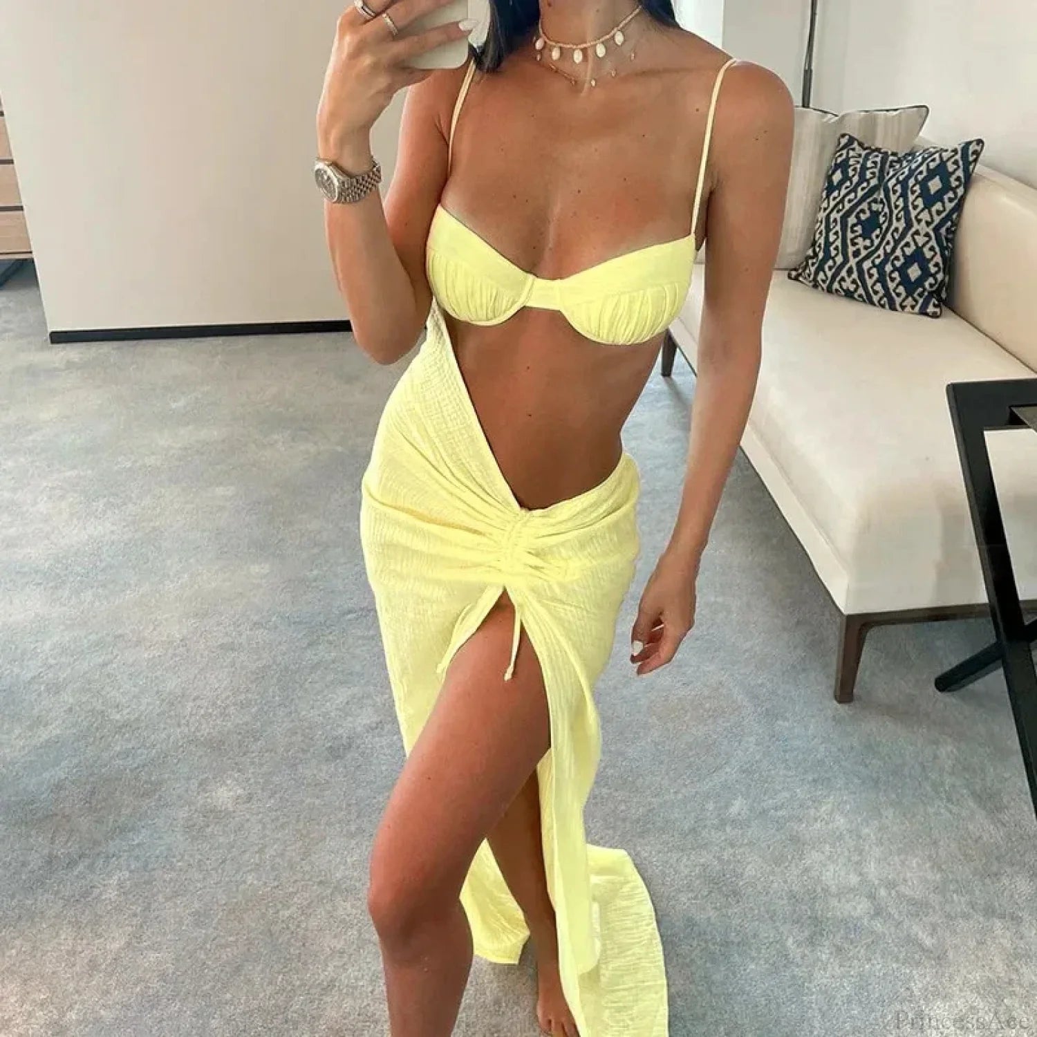 Ruched Hollow Yellow Beach Bikini Set