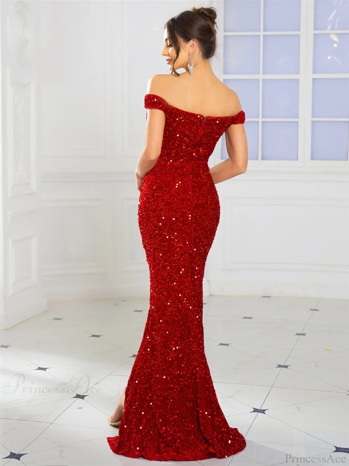 Ruched Off-Shoulder Sequin Party Dress Partydress-241208