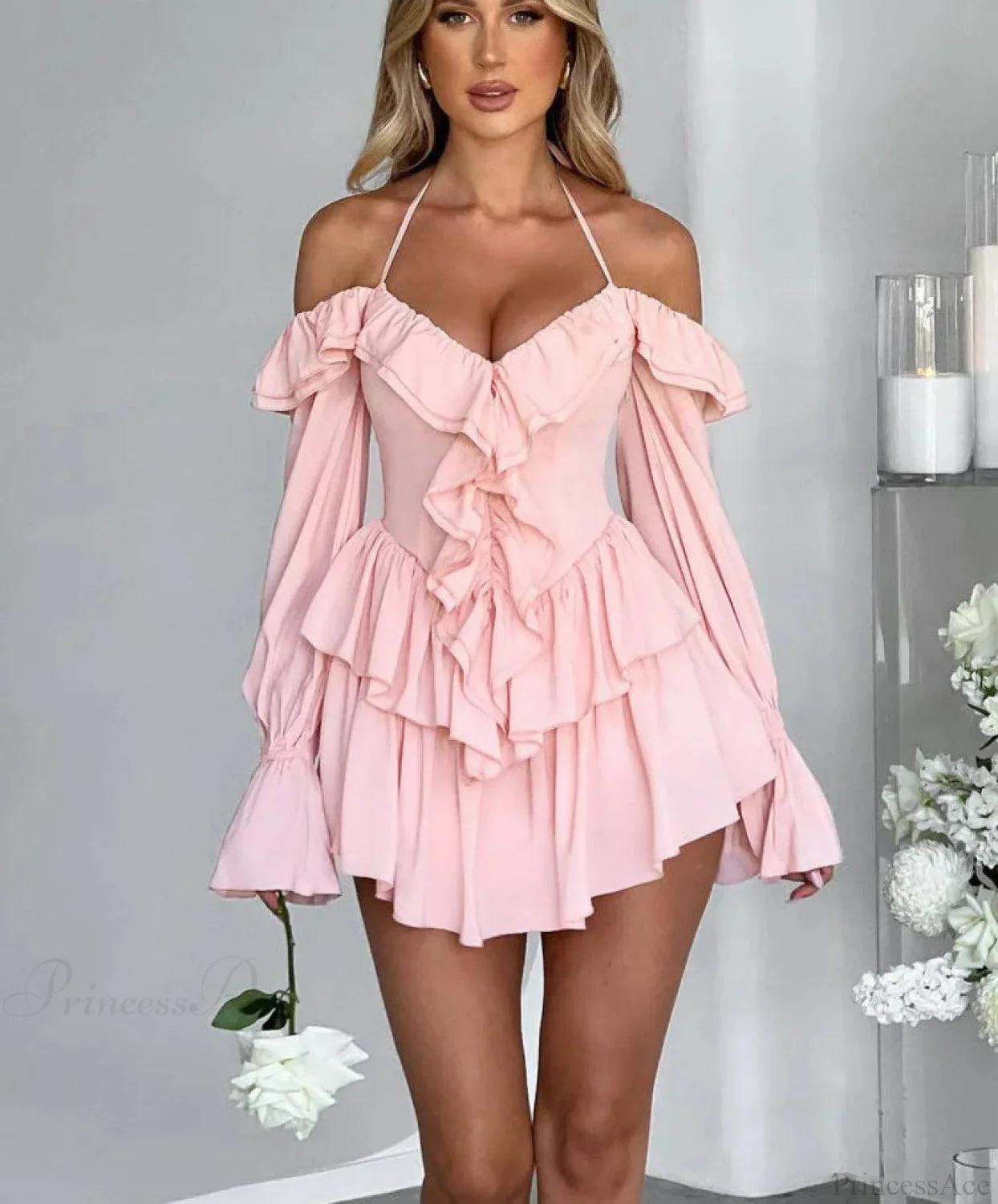 Ruffle Flare Sleeve Mini Dress minidress-250223