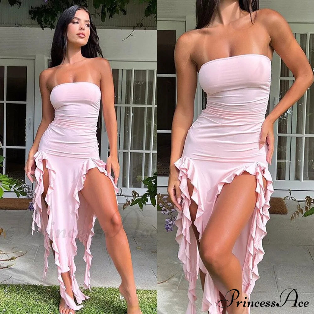 Ruffle Fringe Double Charming Slit Tube Midi Dress