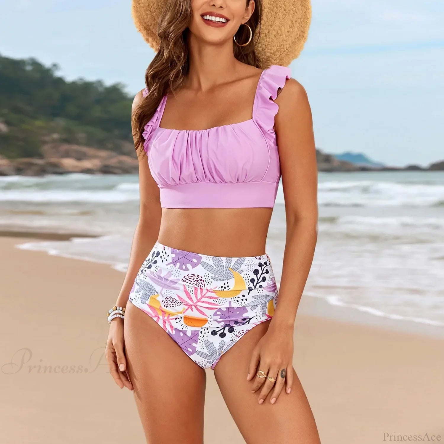Ruffle High Waist Swim Shorts Two Piece Set Purple / S