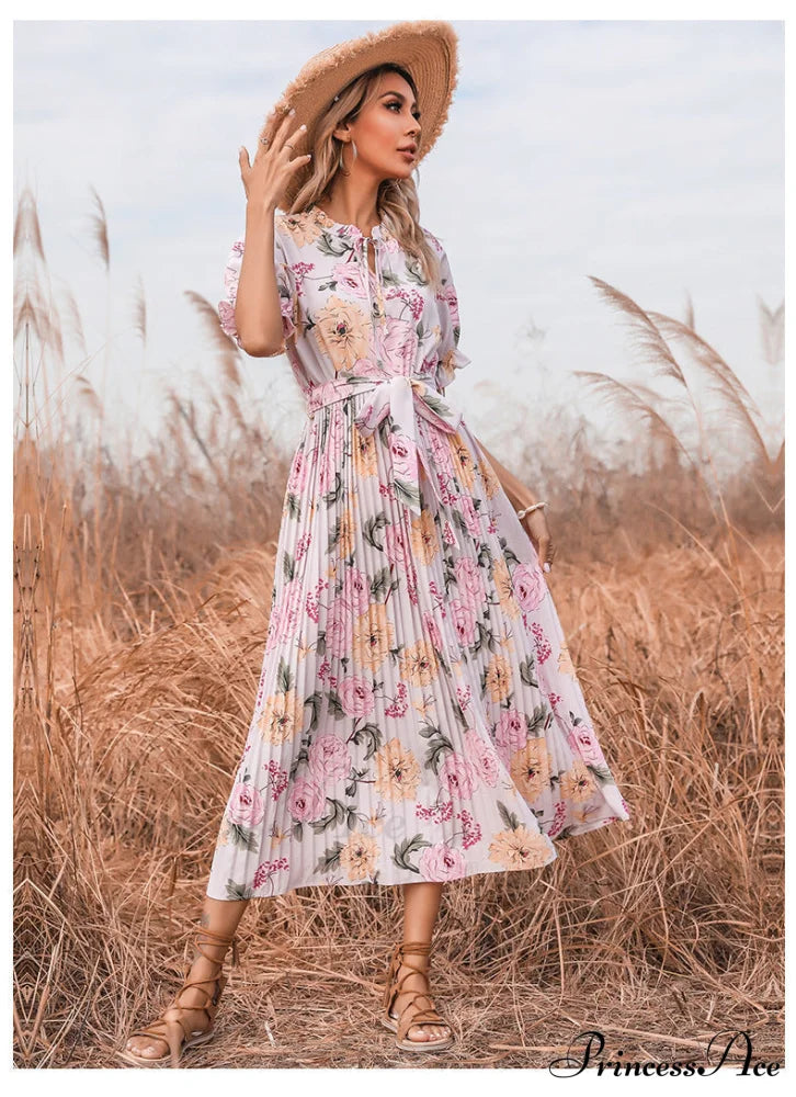 Ruffle Neck Short Sleeve Printed Folds Dress S / Blue Dresses