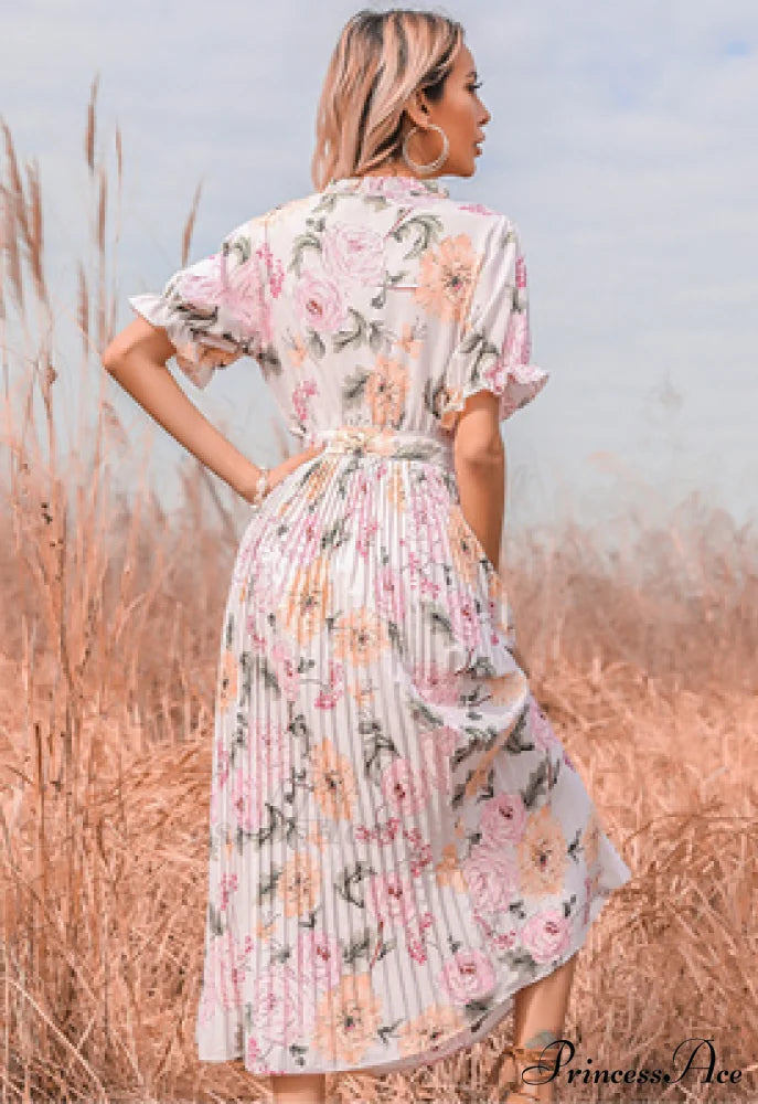 Ruffle Neck Short Sleeve Printed Folds Dress S / Green Dresses