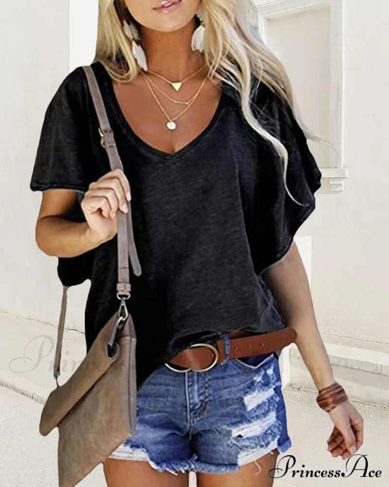 Solid color ruffle sleeve T-shirt Black 23BF clothes Short Sleeve Tops Spring Summer T-shirts Tops/Blouses