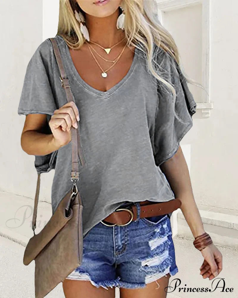 Solid color ruffle sleeve T-shirt Gray 23BF clothes Short Sleeve Tops Spring Summer T-shirts Tops/Blouses