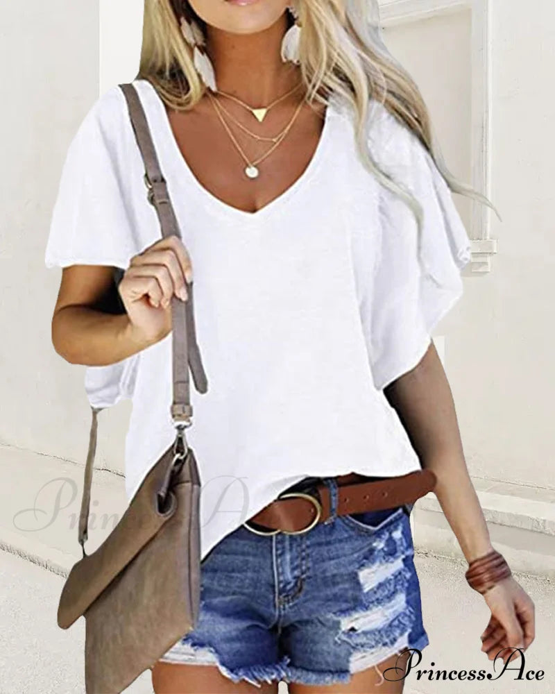 Solid color ruffle sleeve T-shirt White 23BF clothes Short Sleeve Tops Spring Summer T-shirts Tops/Blouses