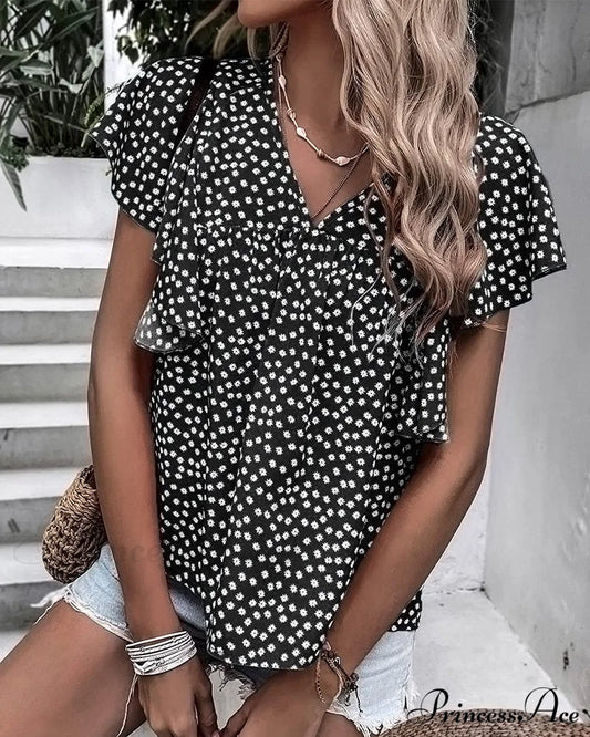 Floral Print T-shirt with Ruffle Sleeves Black 23BF clothes Short Sleeve Tops Spring Summer T-shirts Tops/Blouses