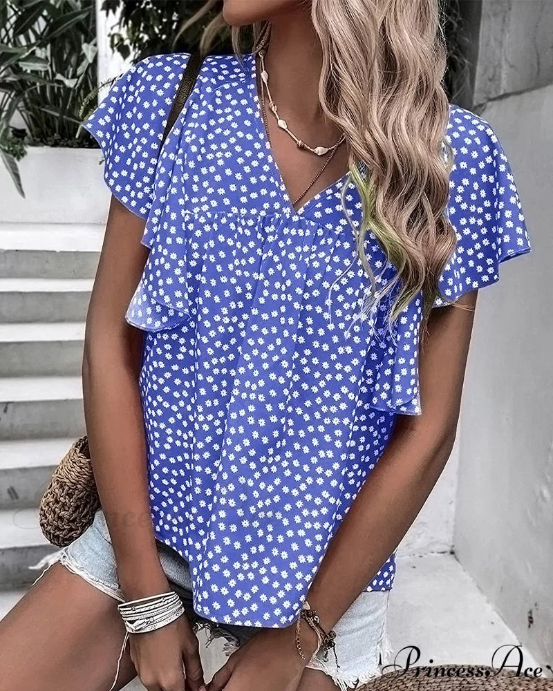 Floral Print T-shirt with Ruffle Sleeves Blue 23BF clothes Short Sleeve Tops Spring Summer T-shirts Tops/Blouses