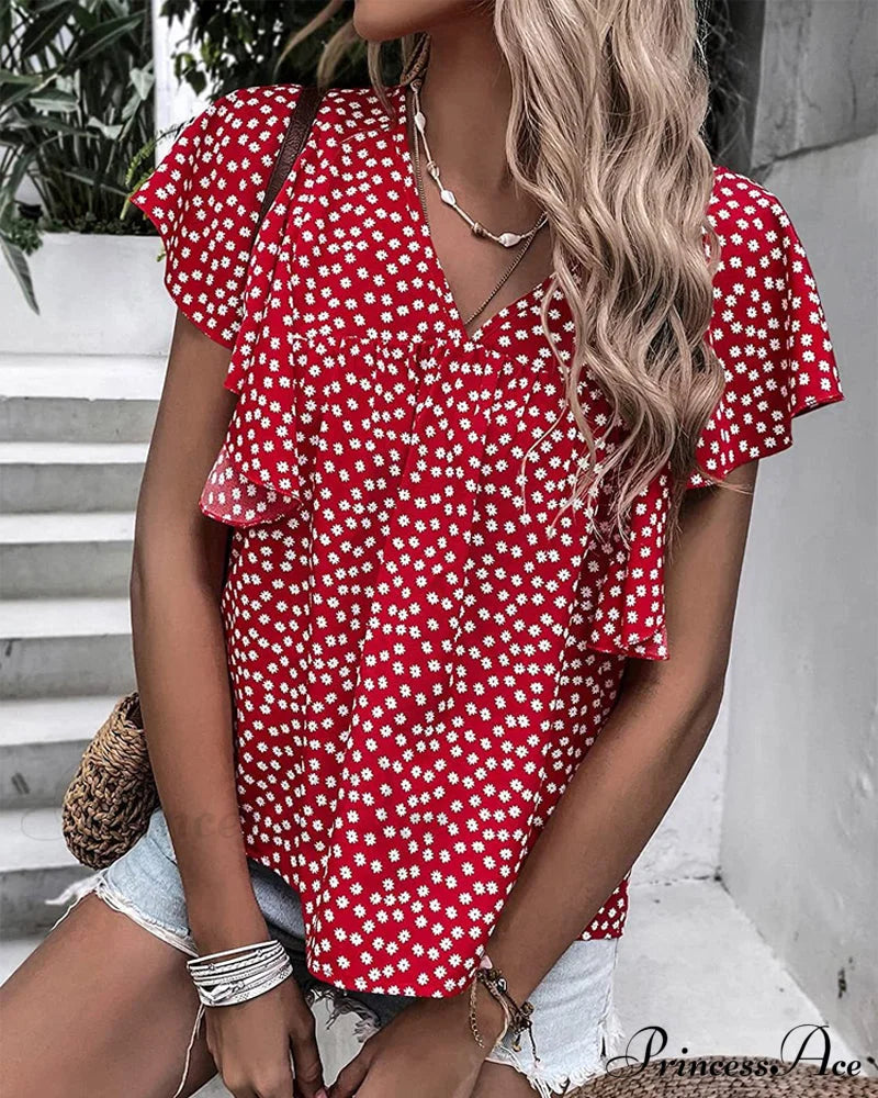 Floral Print T-shirt with Ruffle Sleeves Red 23BF clothes Short Sleeve Tops Spring Summer T-shirts Tops/Blouses