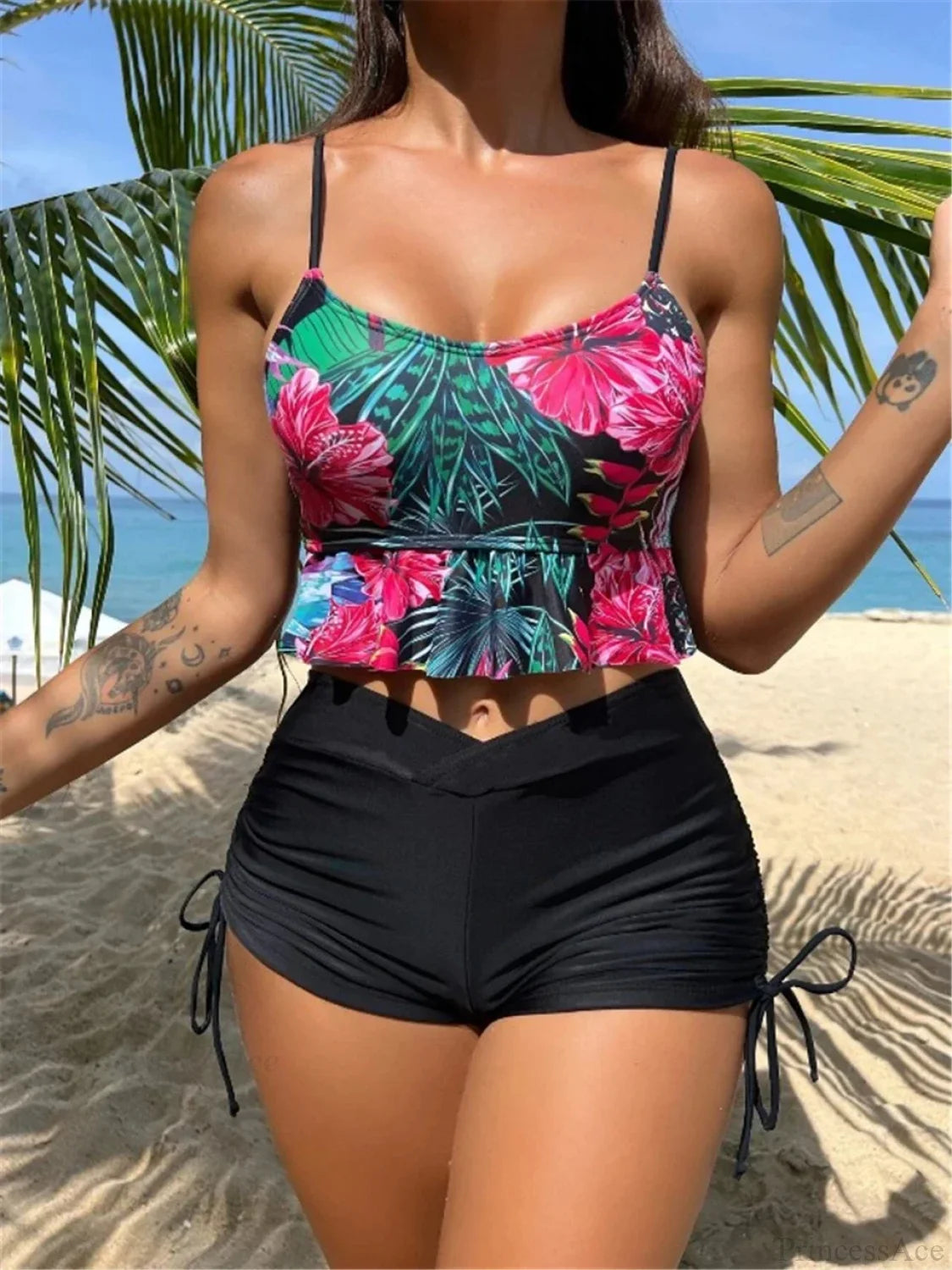 Ruffled Floral Drawstring Side Two Piece Set Black / S